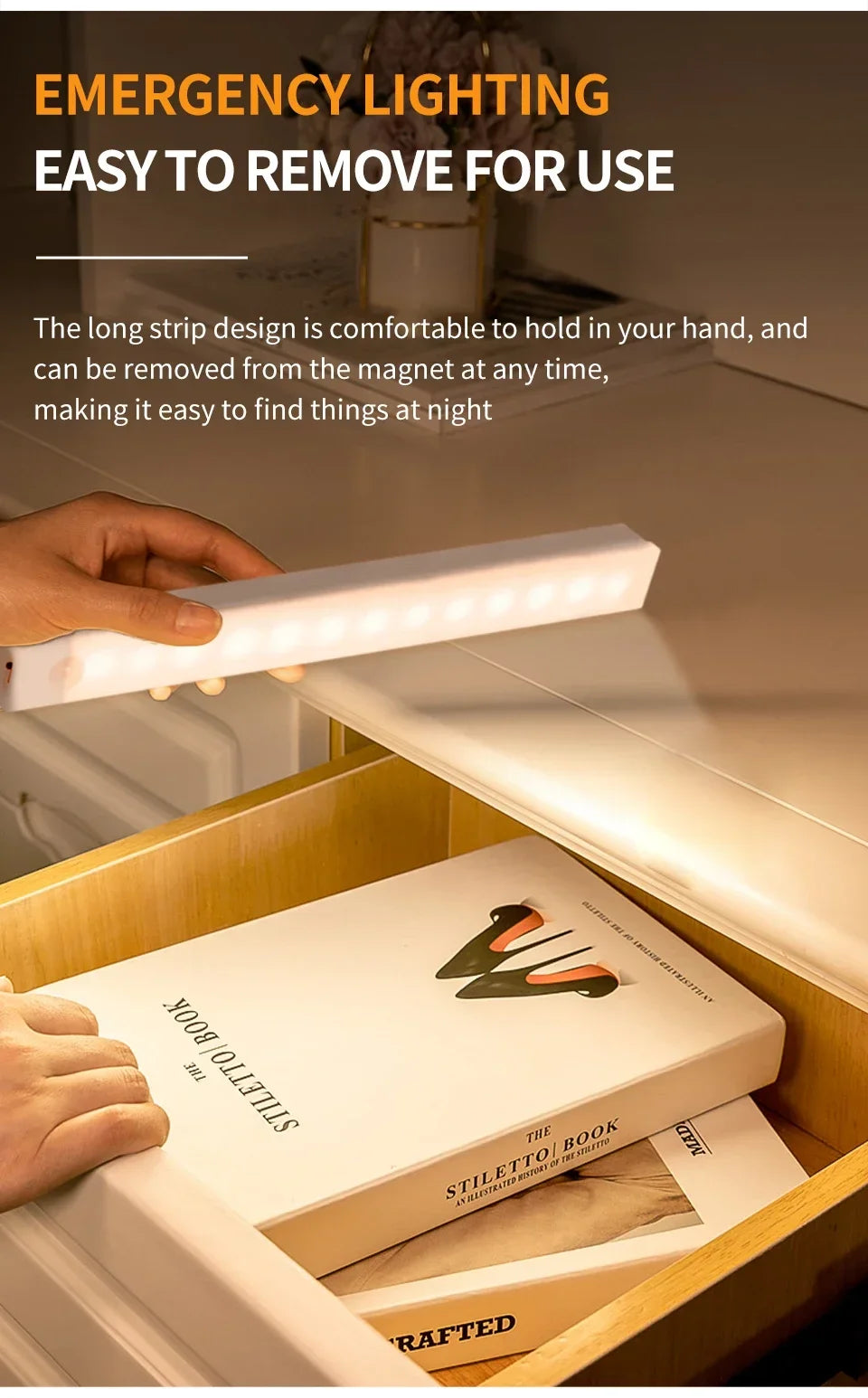 PIR LED Bar Light – USB Rechargeable, Motion Sensor, for Cabinet/Night Use