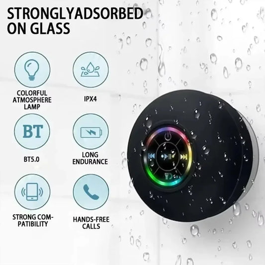 Mini Bluetooth Speaker – Waterproof IPX4, LED Light, Suction Cup, Wall Mount, Outdoor/Bathroom