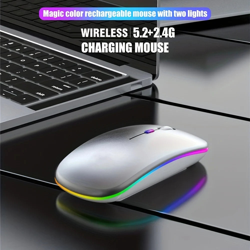 Wireless Mouse with Bluetooth and 2.4GHz, Rechargeable, RGB, Silent Click and Ergonomic Design