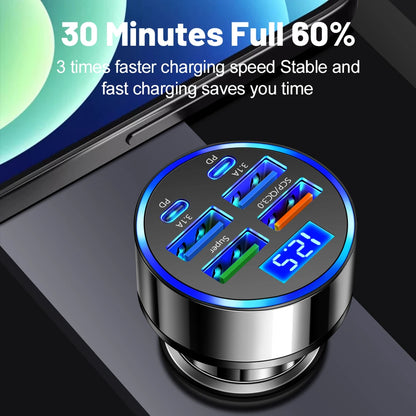 100W 6-Port Car Charger – Fast PD &amp; QC3.0 USB-C Adapter for iPhone, Samsung, Huawei, Xiaomi