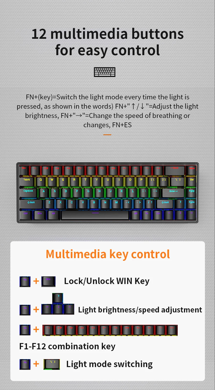 Teclado Mecânico K68 com Fio e Iluminação RGB