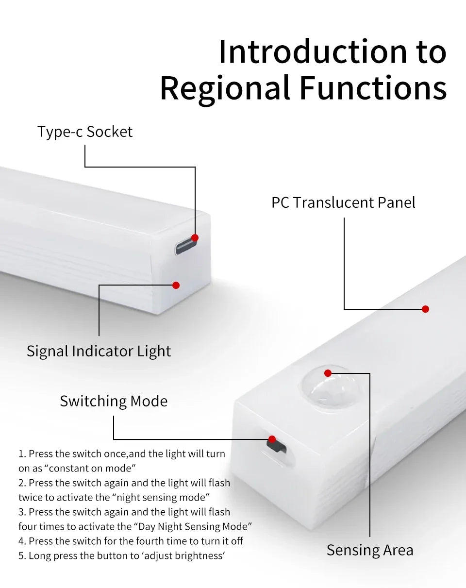 PIR LED Bar Light – USB Rechargeable, Motion Sensor, for Cabinet/Night Use