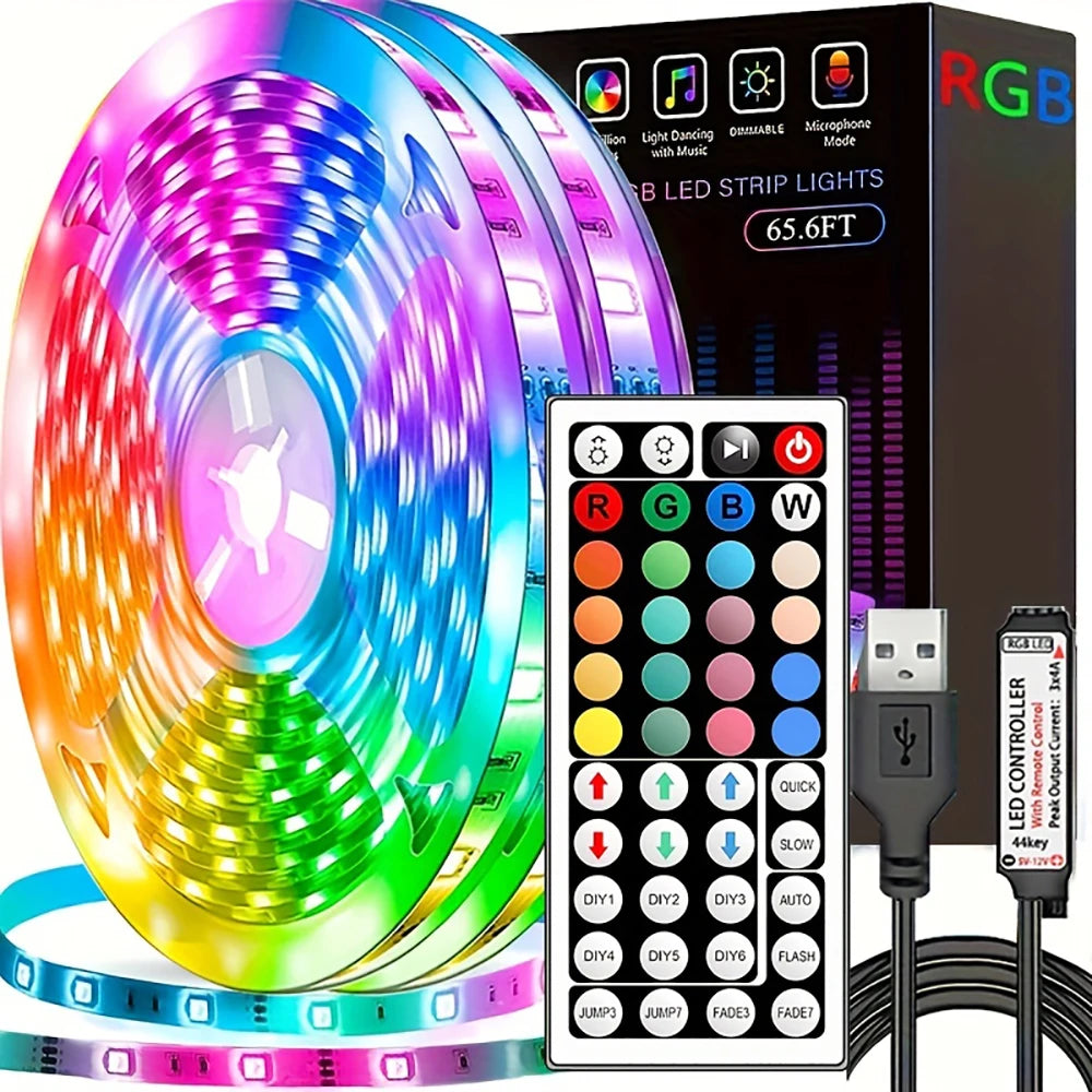 RGB LED Strip Lights 10m/20m – 44-Key Remote, Room Decor for Home, Bedroom, TV