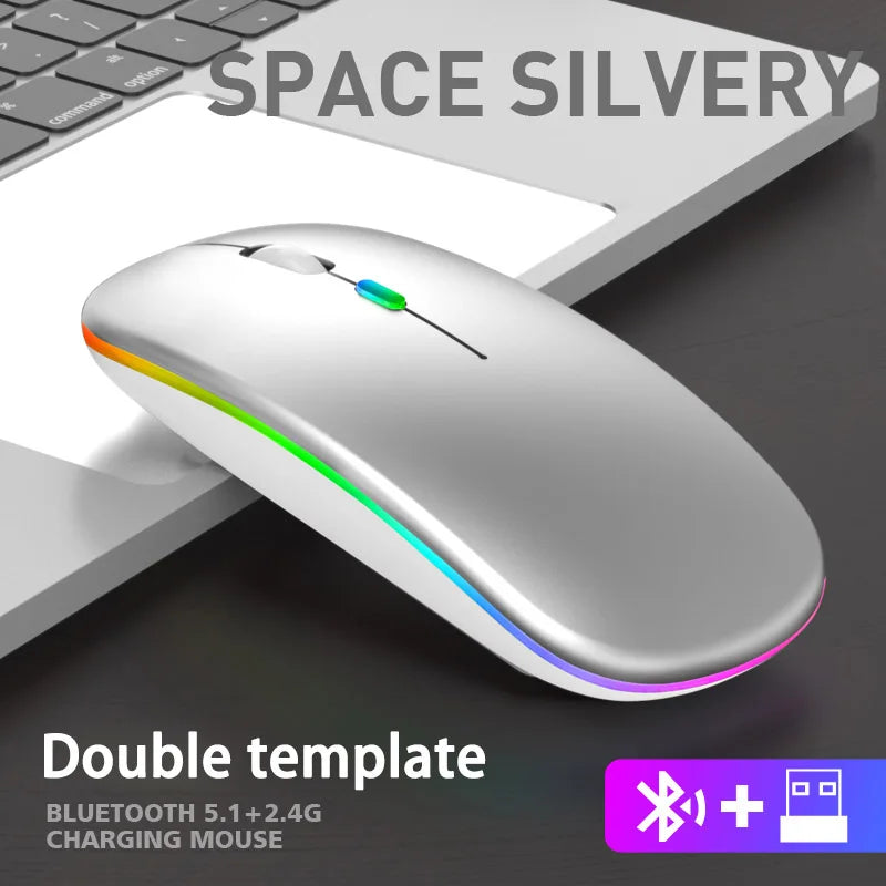 Wireless Mouse with Bluetooth and 2.4GHz, Rechargeable, RGB, Silent Click and Ergonomic Design