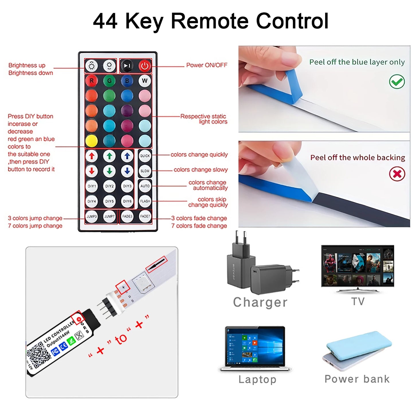 RGB LED Strip Lights 10m/20m – 44-Key Remote, Room Decor for Home, Bedroom, TV