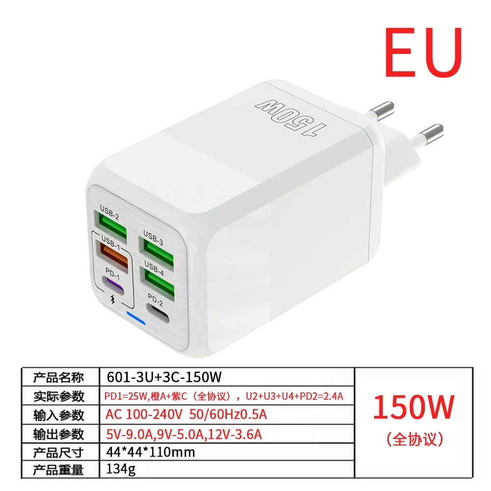 150W 6-Port USB-C PD QC 4.0 Charger