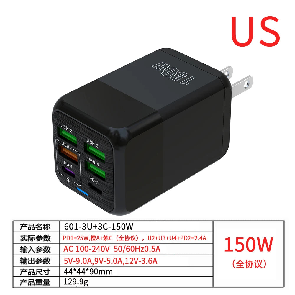 150W 6-Port USB-C PD QC 4.0 Charger
