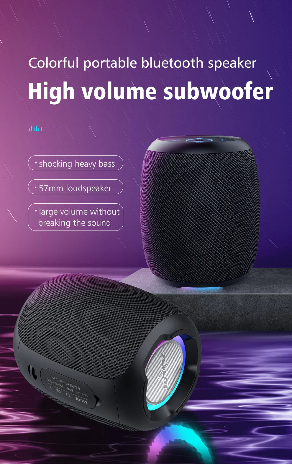 ZEALOT S53 Wireless Speaker – Super Loud 10W, IPX6 Waterproof, 10 Hours, TF/USB