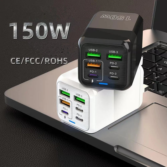 150W 6-Port USB-C PD QC 4.0 Charger – Super Fast Charging for iPhone, Samsung, iPad, Xiaomi, OnePlus, Oppo