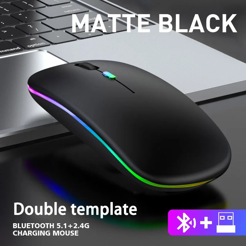 Wireless Mouse with Bluetooth and 2.4GHz, Rechargeable, RGB, Silent Click and Ergonomic Design