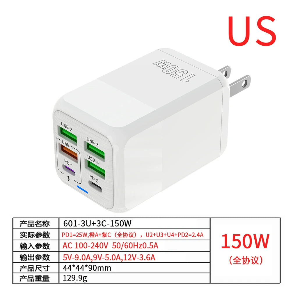 150W 6-Port USB-C PD QC 4.0 Charger