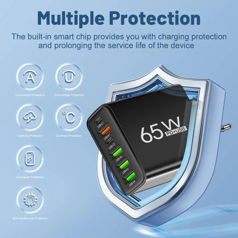 65W 6-in-1 Fast Wall Charger – 4 USB &amp; 2 Type-C Ports for iPhone, Samsung, Xiaomi, Huawei, Oppo