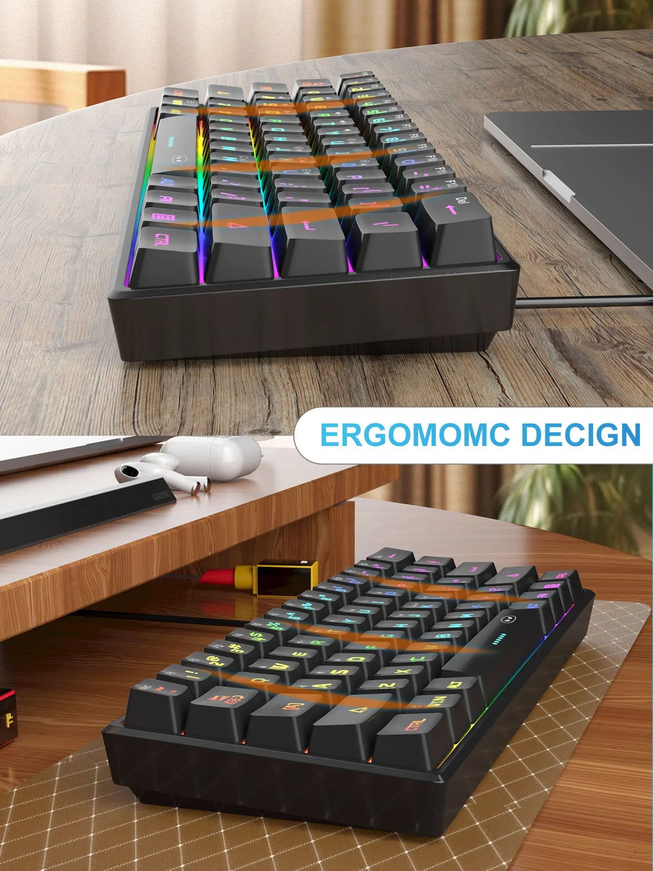 Teclado Compacto MageGee 60% com Iluminação RGB – Ideal para Jogos, Escritório e Espaços Reduzidos