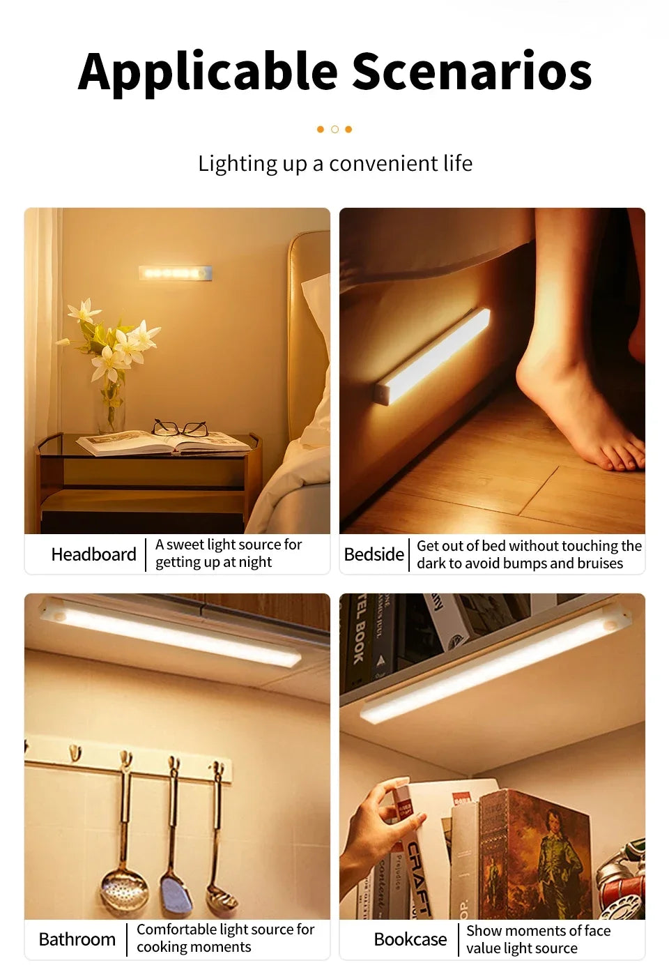 PIR LED Bar Light – USB Rechargeable, Motion Sensor, for Cabinet/Night Use